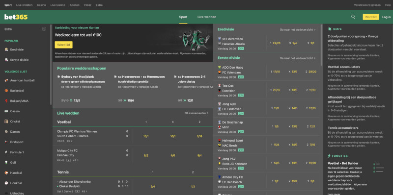 Bet365 heeft een uitgebreid en overzichtelijk scherm om weddenschappen te vergelijken